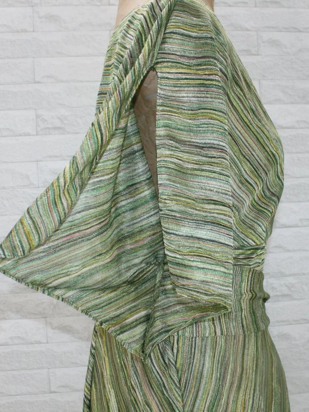 ADRIANNA PAPELL Dress Faux Wrap Stripe Midi Multi-color Green Tan Cream 12 - Picture 4 of 15
